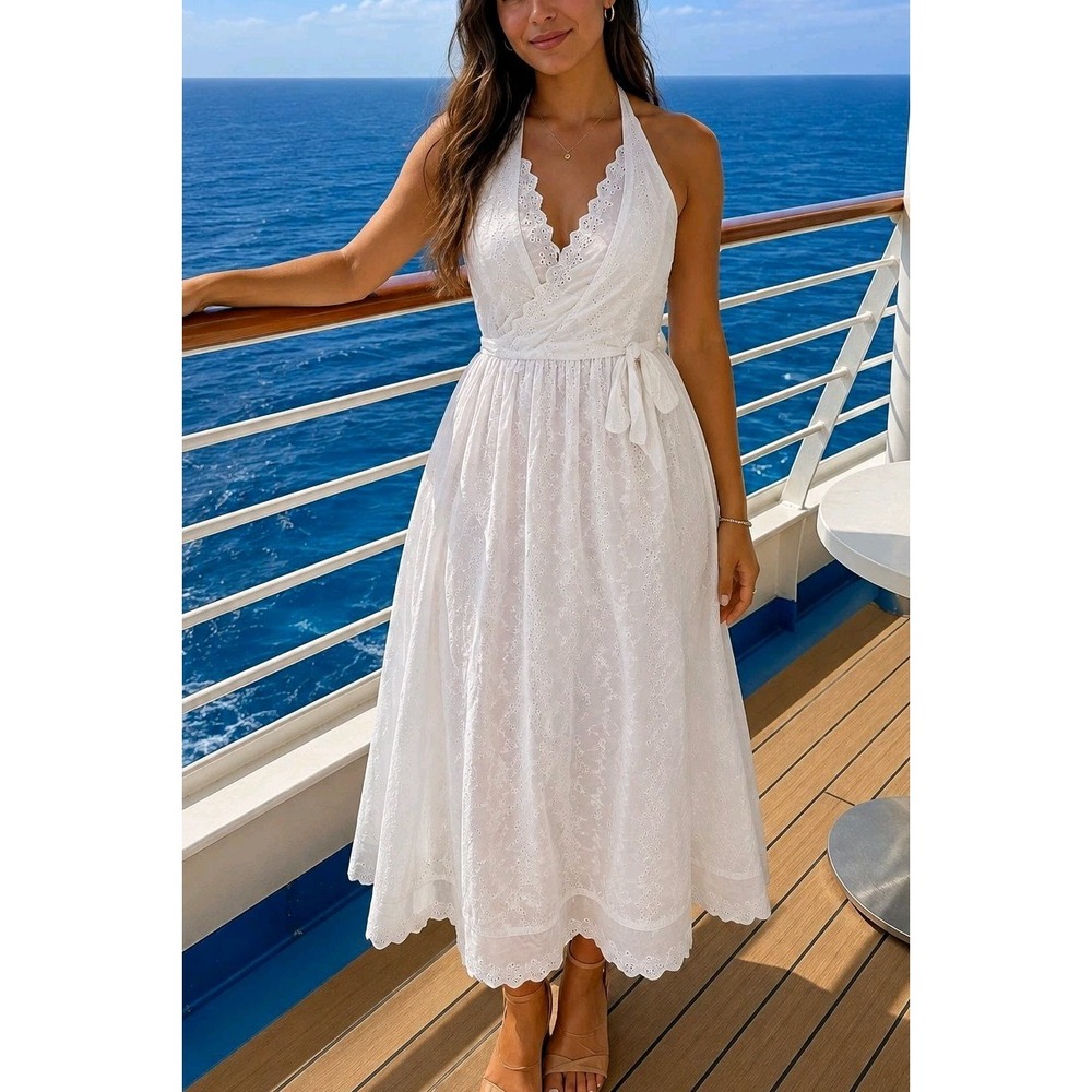 Wild Fable White Eyelet Embroidered Halter Midi Dress Lined Tie Back V Neck M